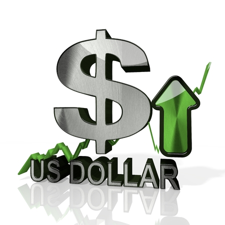 3d rendered symbol of United States Dollar currency with up stock market trend arrows in stylish silver metal isolated on white backgroundの写真素材