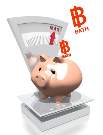 illustration of a money bath pig with max weight on a scale isolated on white backgroundの写真素材