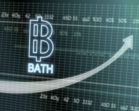 successful investmanet chart with a bath icon on a stock market table with rising graph arrowの写真素材