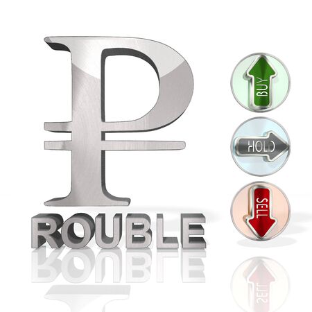 stock market Russia Ruble icon with three analysis buttons 3d rendered and isolated on white backgroundの写真素材