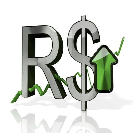 3d rendered icon of Brazil Real currency with up stock market trend arrows in stylish silver metal isolated on white backgroundの写真素材