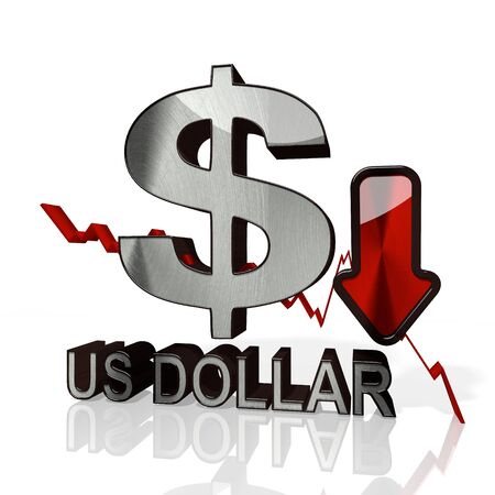 3d rendered icon of United States Dollar with down stock market trend arrows in stylish silver metal isolated on white backgroundの写真素材