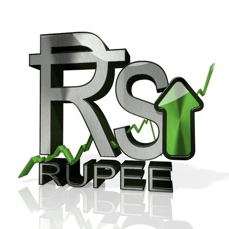 3d rendered sign of Rupee currency with up stock market trend arrows in stylish silver metal isolated on white backgroundの写真素材