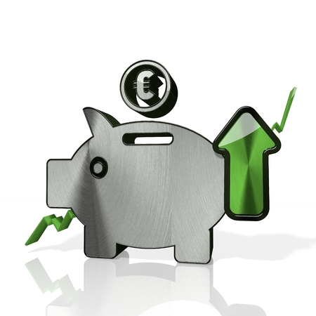 3d rendered icon of save currency with up stock market trend arrows in stylish silver metal isolated on white backgroundの写真素材