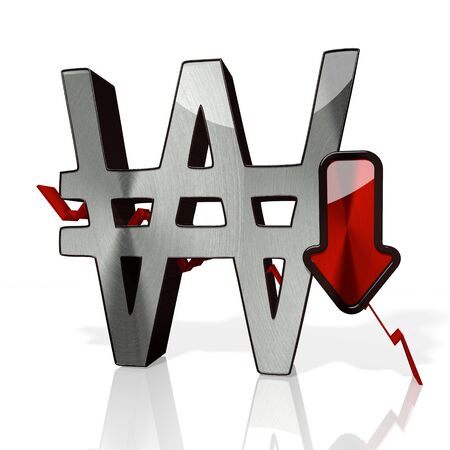 3d rendered symbol of South korea won with down stock market trend arrows in stylish silver metal isolated on white backgroundの写真素材