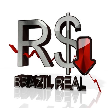 3d rendered sign of Brazil Real with down stock market trend arrows in stylish silver metal isolated on white backgroundの写真素材