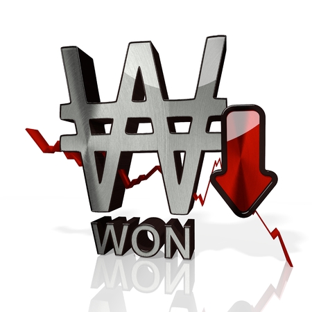 3d rendered sign of South korea won with down stock market trend arrows in stylish silver metal isolated on white backgroundの写真素材