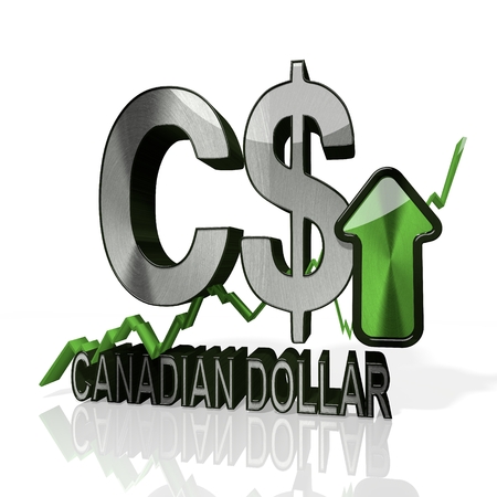 3d rendered symbol of Canada Dollar currency with up stock market trend arrows in stylish silver metal isolated on white backgroundの写真素材