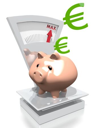 illustration of a money Euro pig with max weight on a scale isolated on white backgroundの写真素材