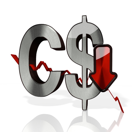 3d rendered symbol of Canada Dollar with down stock market trend arrows in stylish silver metal isolated on white backgroundの写真素材
