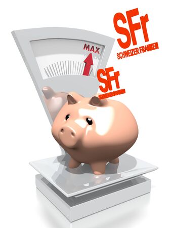 illustration of a money Switzerland Franc pig with max weight on a scale isolated on white backgroundの写真素材