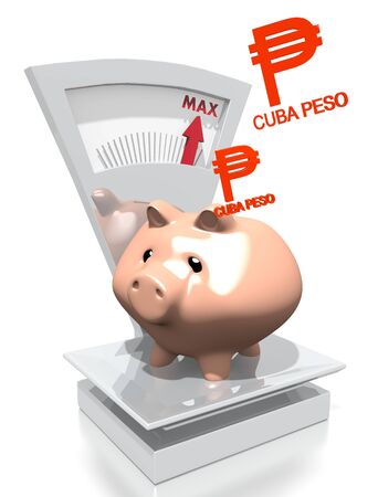 illustration of a money Cuba Peso pig with max weight on a scale isolated on white backgroundの写真素材