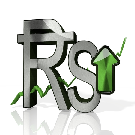3d rendered sign of Rupee currency with up stock market trend arrows in stylish silver metal isolated on white backgroundの写真素材