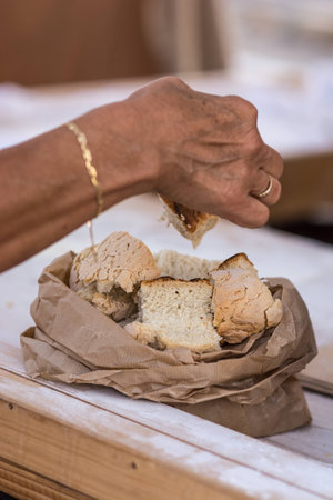 Natural Fresh baked bread cut into slices ready to taste natural food market During. Natural Fresh baked bread is a must During a typical medieval and craft fairs, and They are made in many forms and tastesの写真素材