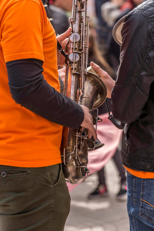 The local city street band acting as part of the local religious festivities. This is a free outdoor feast and is free for everyone to participate, it is just like a big public parade.の写真素材