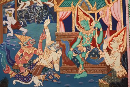 Ramayana paintings on the wall, Wat Nangphaya ,Phit Sa Nu Lok ,Thailandのeditorial素材
