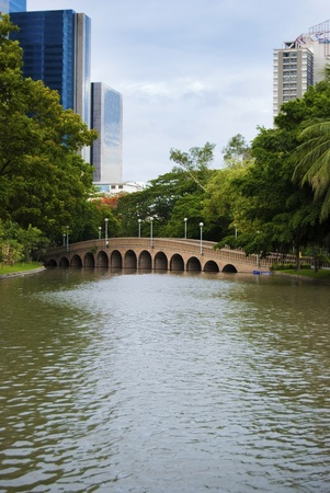 Bridge in a park in central Bangkok, Thailandの写真素材