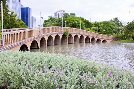 Bridge in a park in central Bangkok, Thailandの写真素材