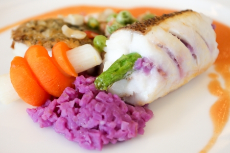 Steam fish stuffed vegetable and sauceの写真素材