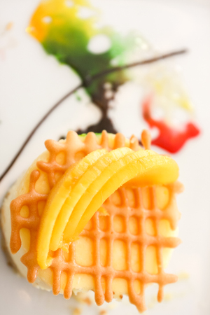 Pancake with waffle on top of vanilla ice creamの写真素材