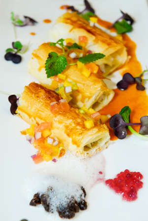 Chicken rolls wrapped in pastry with fruit saladの写真素材