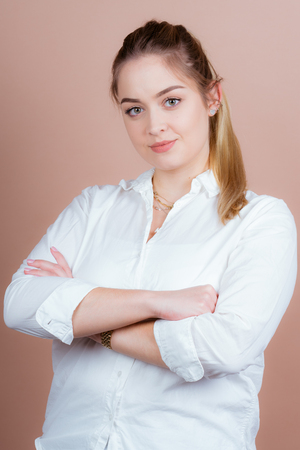 she is a successful business girl in a office and cheerful for the futureの写真素材