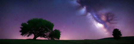 Night landscape with starry sky and milky way over lonely treeの写真素材