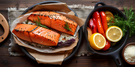 Salmon fillet with rice and vegetables on a dark wooden background