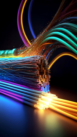 3d illustration of abstract technology background with fiber optic light strands and copy space