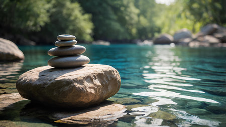 Pile of stones in the lake. Zen and meditation concept.の写真素材