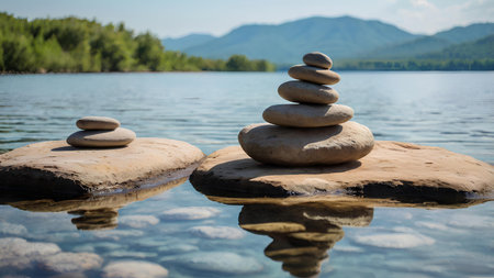 Zen stones on the shore of a mountain lake with reflection in waterの写真素材