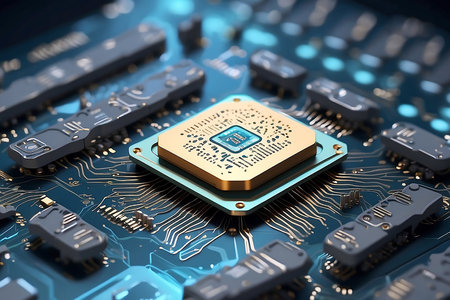 Circuit board close-up on a blue background. 3d rendering