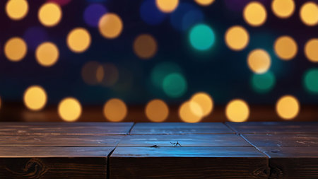 Empty wooden table in front of abstract colorful bokeh lights background