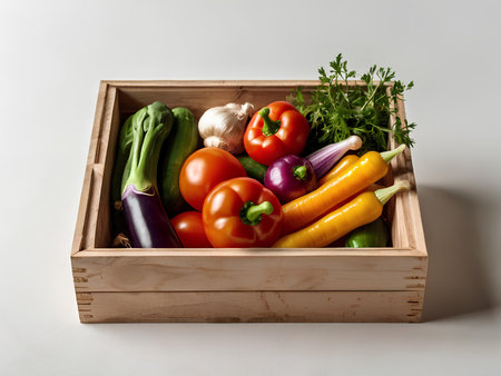 Wooden box with fresh organic vegetables on white background, healthy foodの写真素材