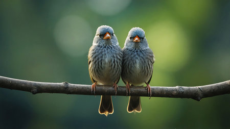 A pair of sparrows perched on a branch in the sunlight.の写真素材