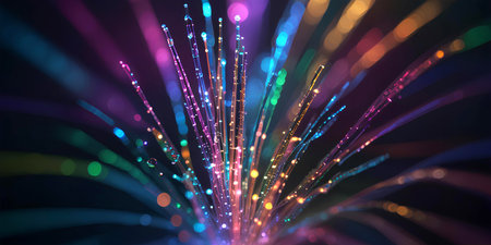3d rendering of colorful optical fibers flying in the dark. Computer generated abstract background