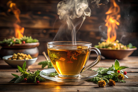 Herbal tea being brewed with steam rising.の写真素材