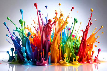 Colored splashes of paint on a white background close-up.