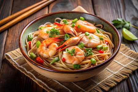 Shrimp noodle with green onion and chili pepper on wooden background.の写真素材
