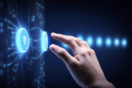 Businessman pressing virtual button on media screen. Technology and innovation concept.
