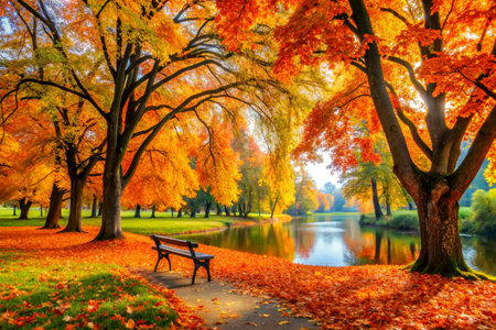 Beautiful autumn scenery in park, over white background.の写真素材