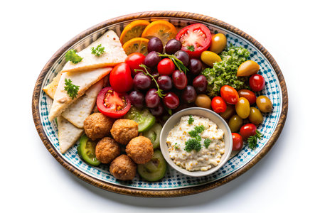 Bowl of appetizers with falafel, tomato, cucumber and olives.の写真素材