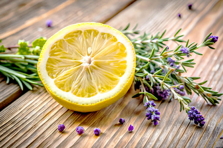Lemon with lavender and rosemary on a wooden background, Close up. Generative AIの写真素材