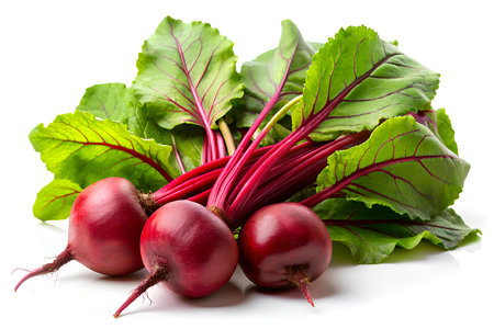 Red beets with green leaves isolated over white background. Created with Generative AI
