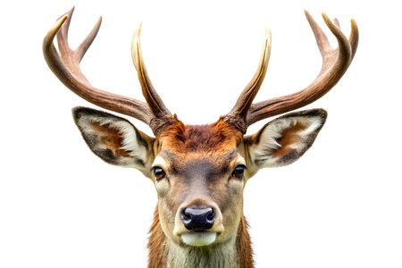 Portrait of a male deer with antlers on a white background.の写真素材