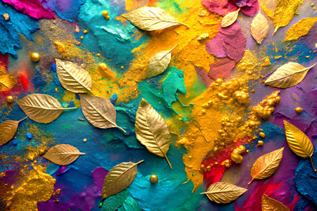 Colorful Holi background with golden leafs and colored powder. Created with Generative AIの写真素材