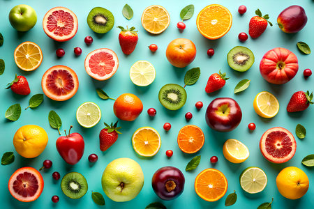 Fruits and berries on blue background. Flat lay, top view. Created with Generative AI