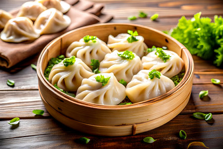Chinese steamed dumplings in bamboo basket on wooden background. Created with Generative AIの写真素材