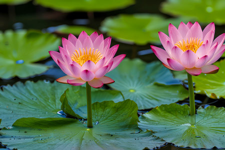 A detailed macro shot of a blooming lotus flower emerging from a tranquil pond, representing purity, enlightenment, and peace.の写真素材