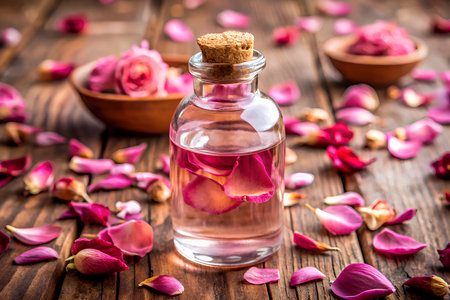 Rose essential oil in a glass bottle with rose petals on wooden background. Generative AIの写真素材
